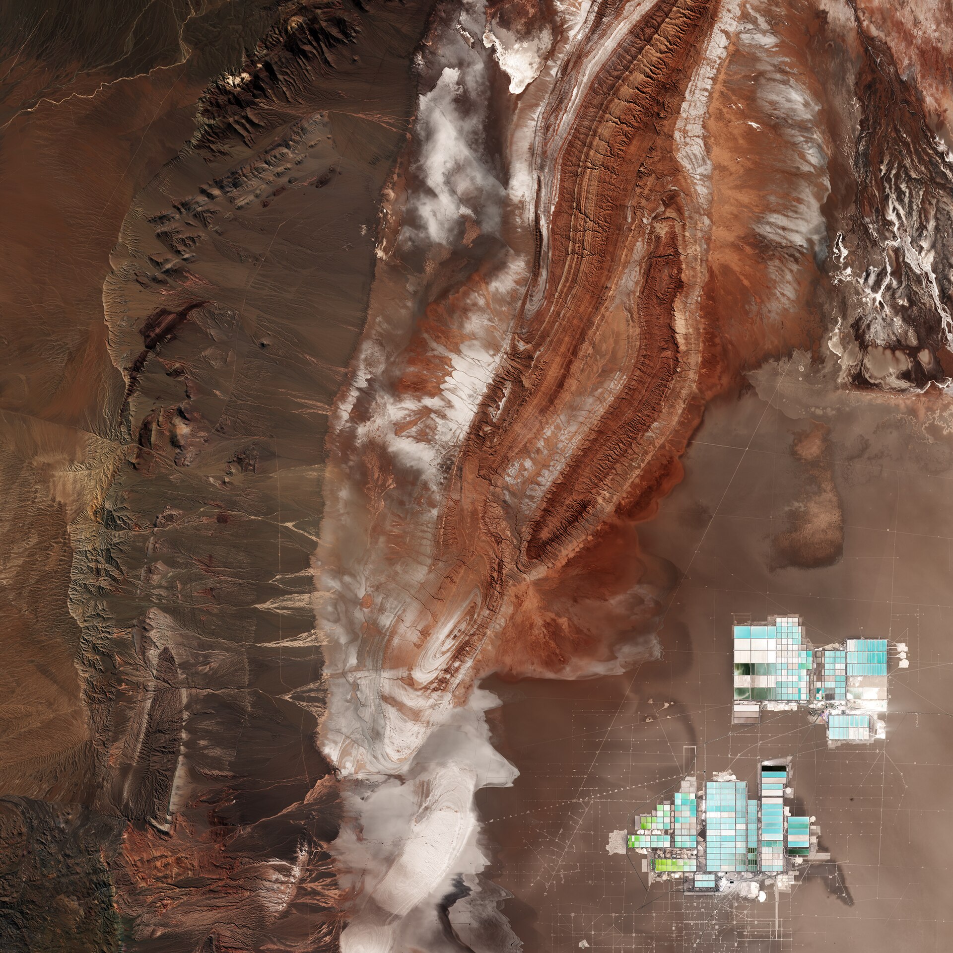 Sentinel-2 satellite image of mineral-rich terrain in the Atacama Desert, Chile, where copper and lithium deposits are concentrated below the surface.