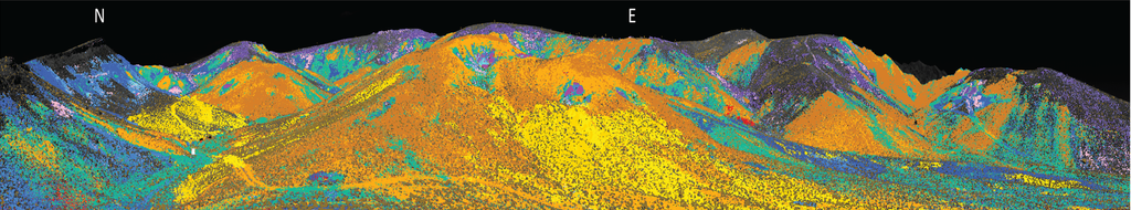 Hyperspectral mineral map of Cuprite, Nevada, derived from NASA JPL AVIRIS imagery, showing colored alteration zoning across an epithermal system.